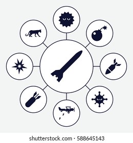 Set of 9 attack filled icons such as panther, bacteria, bomb, rocket bomb, military plane