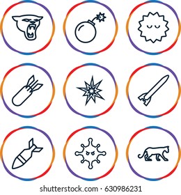 set of 9 attack outline icons such as panther, bacteria, bomb, rocket bomb