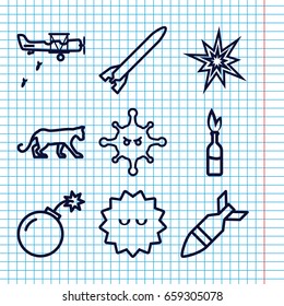 Set of 9 attack outline icons such as panther, bacteria, bomb, rocket bomb, military plane, dynamite