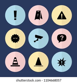Set of 9 attention filled icons such as wet floor, cone, warning, bacteria, exclamation point, security camera