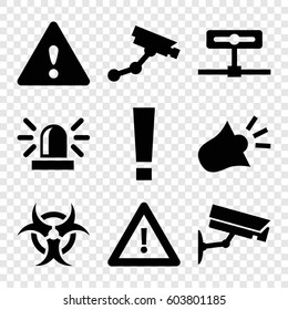 Set of 9 attention filled icons such as siren, Security camera, warning, security camera, hazzard, camera