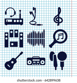 Set of 9 audio filled icons such as loud speaker set, record player, guitar, equalizer, earphones, serach music, microphone, listening device