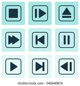 Set Of 9 Audio Icons. Includes Stop Button, Start Song, Run Song Back And Other Symbols. Beautiful Design Elements.