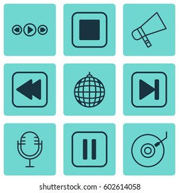 Set Of 9 Audio Icons. Includes Mike, Bullhorn, Rewind Back And Other Symbols. Beautiful Design Elements.