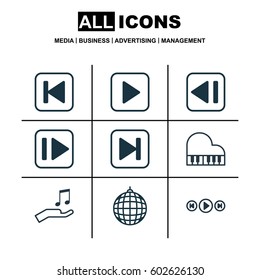 Set Of 9 Audio Icons. Includes Audio Buttons, Skip Song, Dance Club And Other Symbols. Beautiful Design Elements.