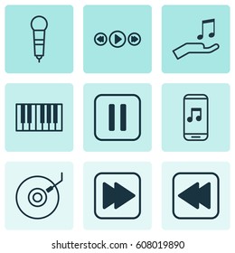 Set Of 9 Audio Icons. Includes Music Control, Audio Mobile, Microphone And Other Symbols. Beautiful Design Elements.