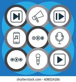 Set Of 9 Audio Icons. Includes Music Control, Microphone, Mike And Other Symbols. Beautiful Design Elements.