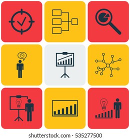 Set Of 9 Authority Icons. Includes Project Analysis, Statistic Demonstration, Network Relation And Other Symbols. Beautiful Design Elements.