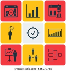 Set Of 9 Authority Icons. Includes Network Relation, Team Organization, Time Control And Other Symbols. Beautiful Design Elements.