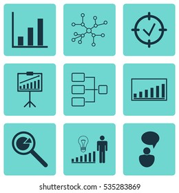 Set Of 9 Authority Icons. Includes Decision Making, Opinion Analysis, Project Analysis And Other Symbols. Beautiful Design Elements.