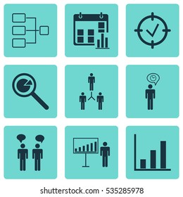 Set Of 9 Authority Icons. Includes Team Organization, Network Relation, Strategy Statistics And Other Symbols. Beautiful Design Elements.