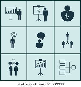 Set Of 9 Authority Icons. Includes Personal Character, Team Building, Team Organization And Other Symbols. Beautiful Design Elements.