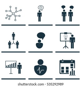 Set Of 9 Authority Icons. Includes Team Organization, Project Presentation, Idea Demonstration And Other Symbols. Beautiful Design Elements.