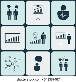 Set Of 9 Authority Icons. Includes Project Presentation, Conversation, Company Statistics And Other Symbols. Beautiful Design Elements.