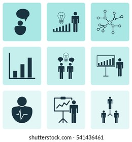 Set Of 9 Authority Icons. Includes Bar Chart, Special Demonstration, Opinion Analysis And Other Symbols. Beautiful Design Elements.