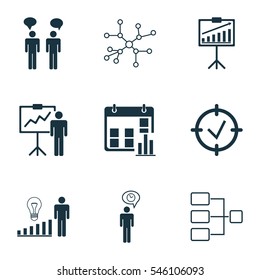 Set Of 9 Authority Icons. Includes Presentation Date, Planning, Decision Making And Other Symbols. Beautiful Design Elements.