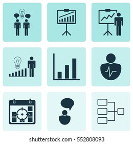 Set Of 9 Authority Icons. Includes Bar Chart, Decision Making, Co-Working And Other Symbols. Beautiful Design Elements.
