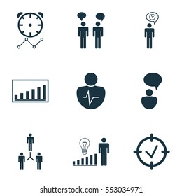 Set Of 9 Authority Icons. Includes Company Statistics, Planning, Personal Character And Other Symbols. Beautiful Design Elements.