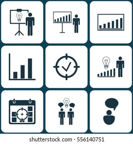 Set Of 9 Authority Icons. Includes Co-Working, Project Targets, Project Presentation And Other Symbols. Beautiful Design Elements.