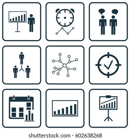Set Of 9 Authority Icons. Includes Company Statistics, Group Organization, Conversation And Other Symbols. Beautiful Design Elements.