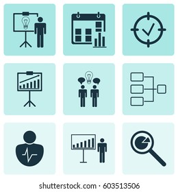 Set Of 9 Authority Icons. Includes Report Demonstration, Approved Target, Co-Working And Other Symbols. Beautiful Design Elements.