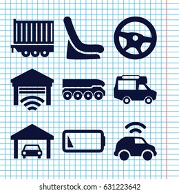 Set of 9 auto filled icons such as baby seat in car, van, cargo trailer, low battery, garage, car, weapon truck