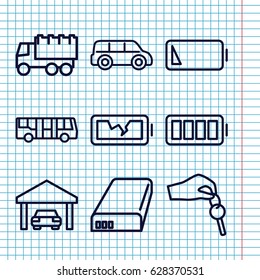 Set of 9 auto outline icons such as airport bus, truck, battery, ful battery, garage, hand with key