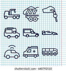 Set of 9 auto outline icons such as truck with hook, van, cargo trailer, ambulance, hand with key, car, weapon truck