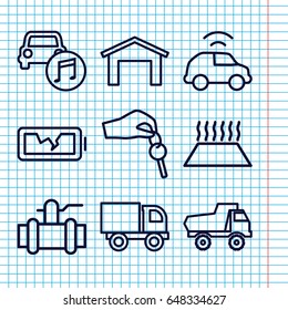 Set of 9 auto outline icons such as garage, toy car, pump, car music, broken battery, hand with key