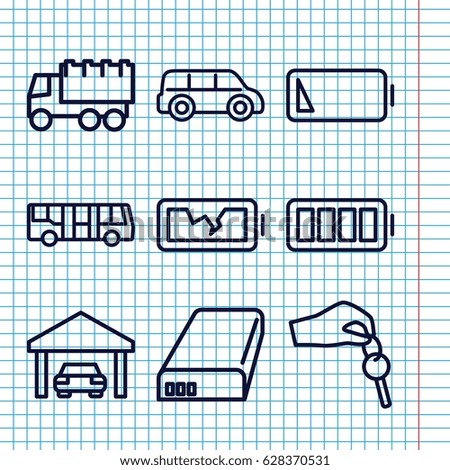Set of 9 auto outline icons such as airport bus, truck, battery, ful battery, garage, hand with key