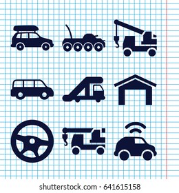 Set of 9 automobile filled icons such as truck crane, garage, truck with hook, car, military car