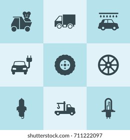 Set of 9 automobile filled icons such as whell, tire, spark plug, tow truck, car halogen bulb, car wash, electric car, truck