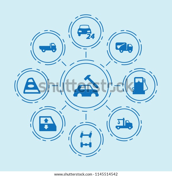 Set of 9 automobile\
filled icons such as car window lift, car chassis, tow truck, gas\
station, garbage truck