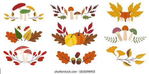 Set of 9 autumn fall compositions with oak, maple leaves, mushrooms, acorns, branches, fox, pumpkins. Seasonal isolated elements. Flat cartoon design. Templates for cards, posters, banners, invitation