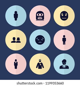 Set of 9 avatar filled icons such as man and woman, upset emot, user, thief emot, businessman