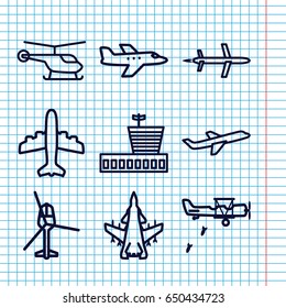 Set of 9 aviation outline icons such as helicopter, airport, plane