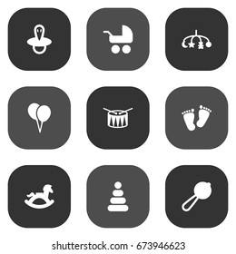 Set Of 9 Baby Icons Set.Collection Of Teat, Maraca, Decoration And Other Elements.