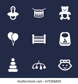 Set Of 9 Baby Icons Set.Collection Of Toy, Cot, Hangings And Other Elements.