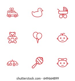 Set Of 9 Baby Outline Icons Set.Collection Of Balloons, Rattles, Boy And Other Elements.