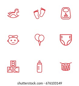 Set Of 9 Baby Outline Icons Set.Collection Of Bottle, Bib, Baby And Other Elements.