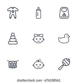 Set Of 9 Baby Outline Icons Set.Collection Of Baby, Boy, Rubber And Other Elements.