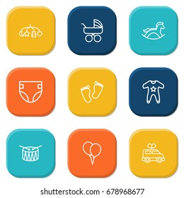 Set Of 9 Baby Outline Icons Set.Collection Of Diaper, Clockwork Car, Toys And Other Elements.