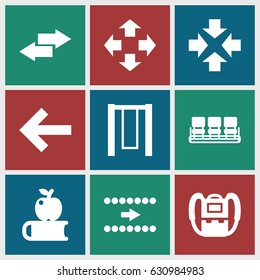 set of 9 back filled icons such as backpack, chair, arrow, apple on book, move, swing