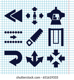 Set of 9 back filled icons such as man move, saw, luggage compartment in airplane, play back, arrow, back arrow, move