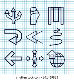 Set of 9 back outline icons such as man move, play back, global home, curved arrow, arrow, swing