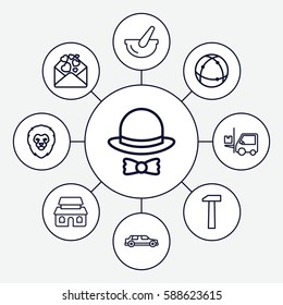 Set of 9 background outline icons such as lion, forklift, love letter, atom, bucket, house building, hat and bow, hummer