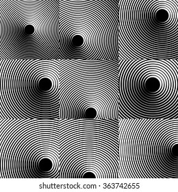 Set of 9 backgrounds with radiating, concentric circles. Abstract monochrome pattern set.