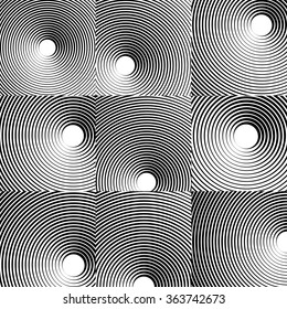 Set of 9 backgrounds with radiating, concentric circles. Abstract monochrome pattern set.