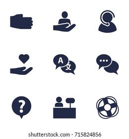 Set Of 9 Backing Icons Set.Collection Of Reception, Care;, Help And Other Elements.