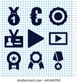 Set of 9 badge filled icons such as play, ribbon, award, medal with star 
